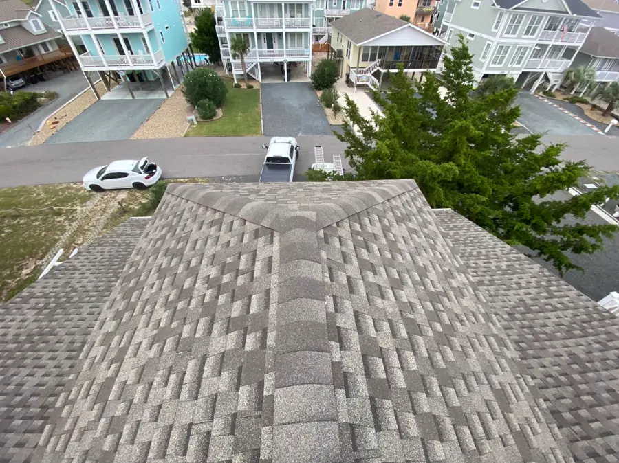 Completed shingle roof viewed from above